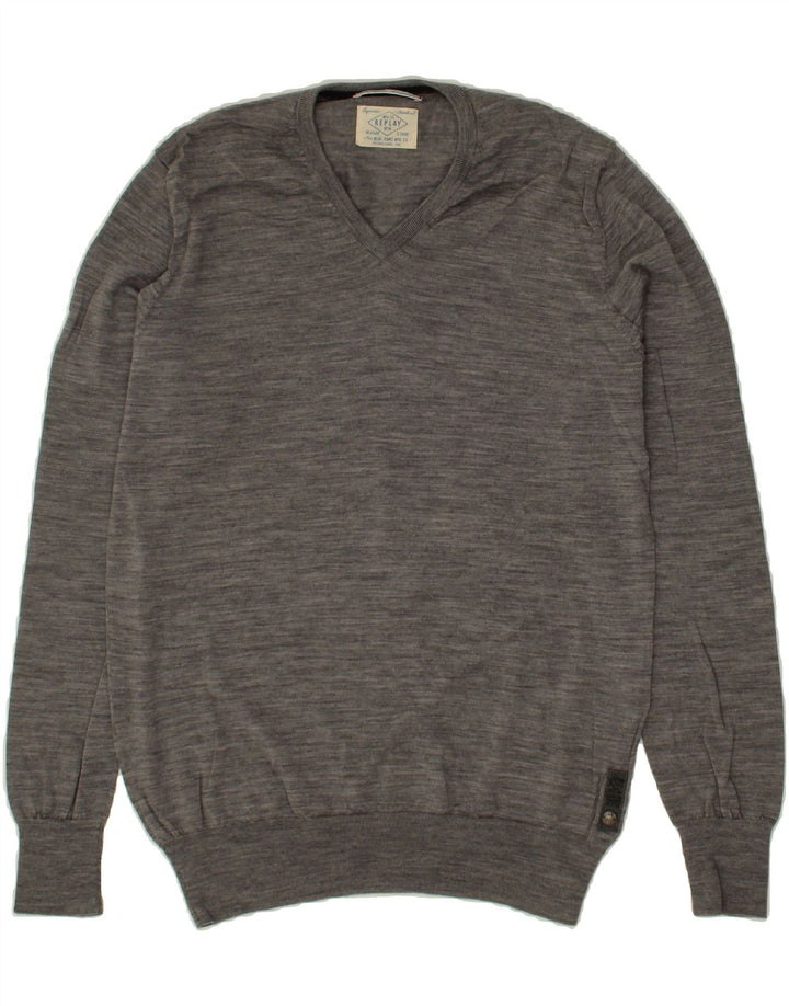 REPLAY Mens V-Neck Jumper Sweater Small Grey Flecked Vintage Replay and Second-Hand Replay from Messina Hembry 