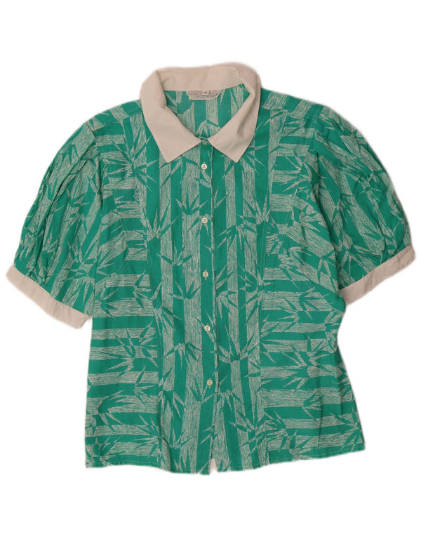 Vintage mujer camisa de manga corta blusa Reino Unido 12 algodón floral verde medio