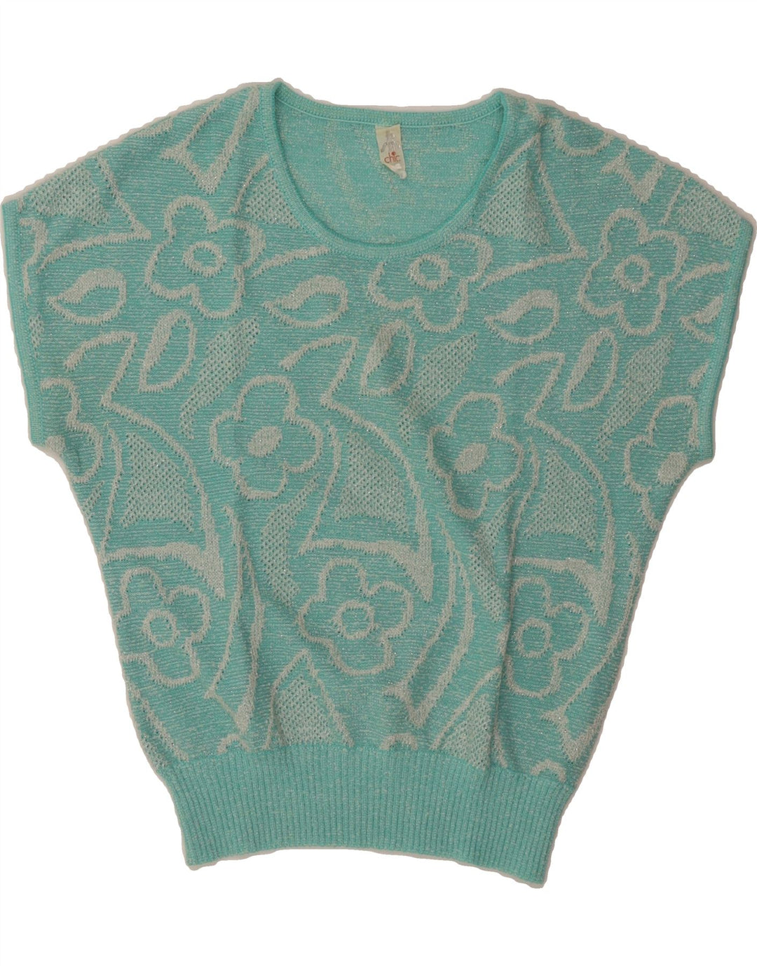 VINTAGE Jersey de cuello redondo para mujer IT 42 Azul Medio Floral