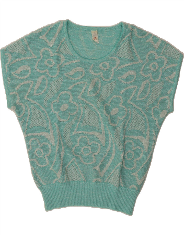 VINTAGE Jersey de cuello redondo para mujer IT 42 Azul Medio Floral
