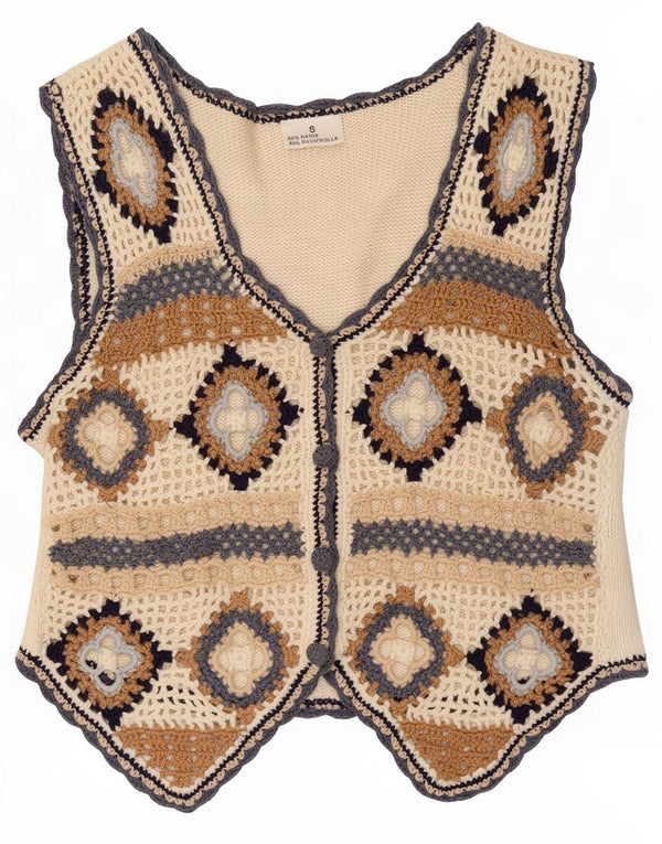 Vintage mujer crochet chaleco Reino Unido 10 pequeño off blanco geométrico ramio
