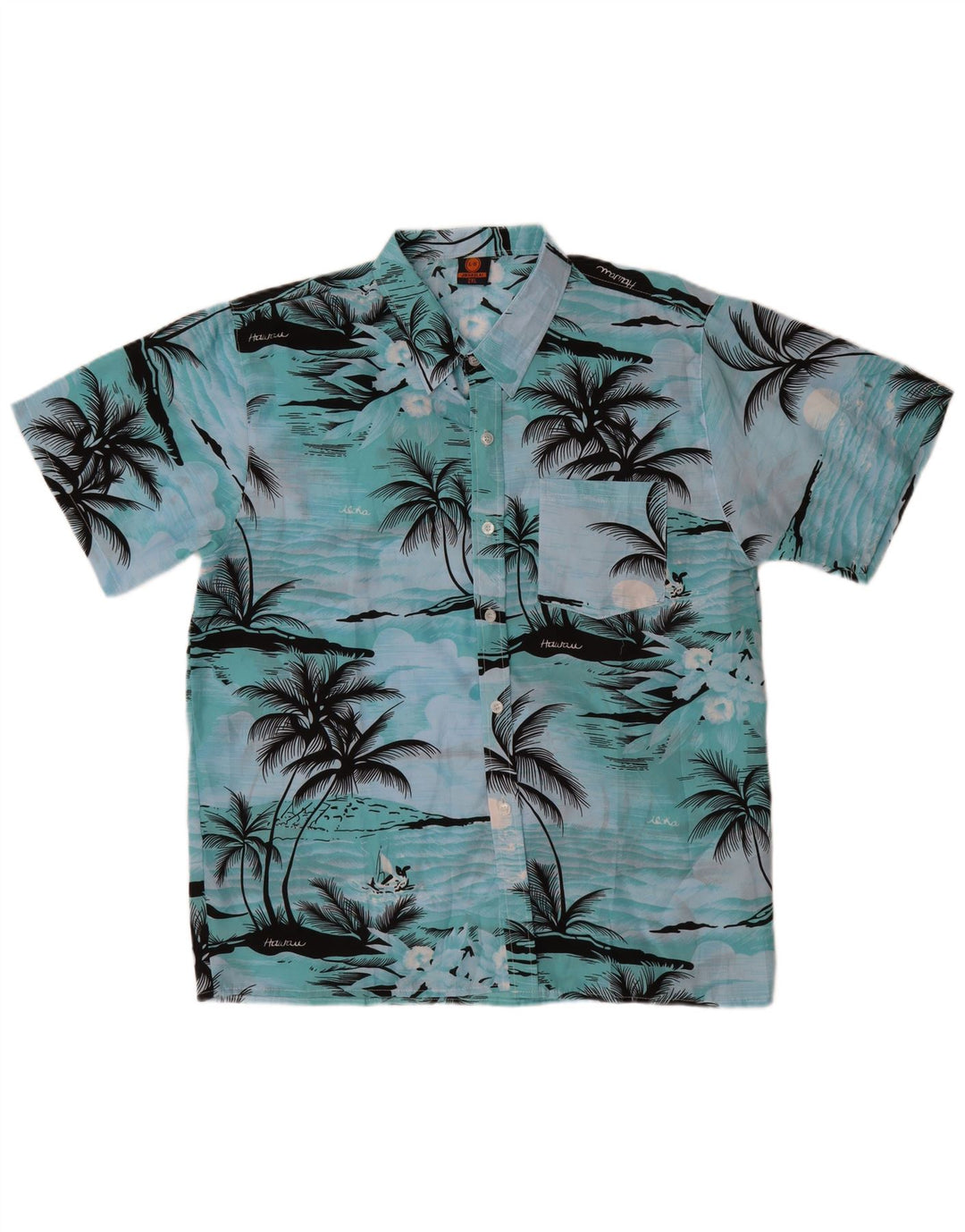 VINTAGE Camisa de manga corta para hombre 2XL Azul Poliéster Hawaiano
