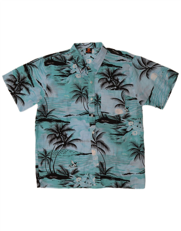 VINTAGE Camisa de manga corta para hombre 2XL Azul Poliéster Hawaiano