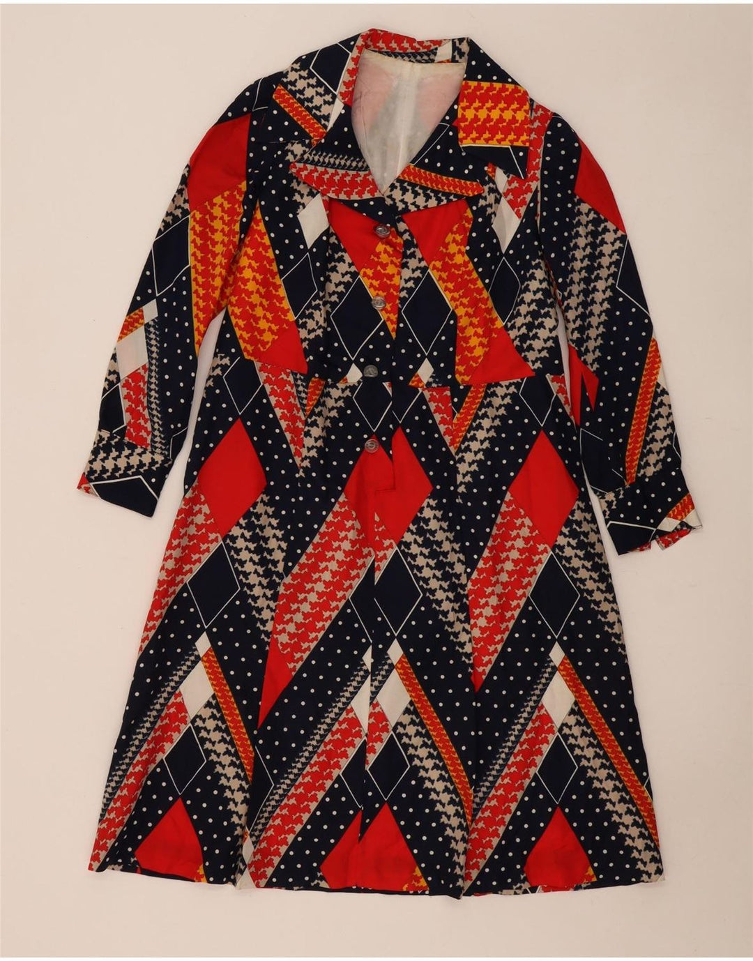Vintage mujer A-Line vestido Reino Unido 12 medio multicolor geométrico