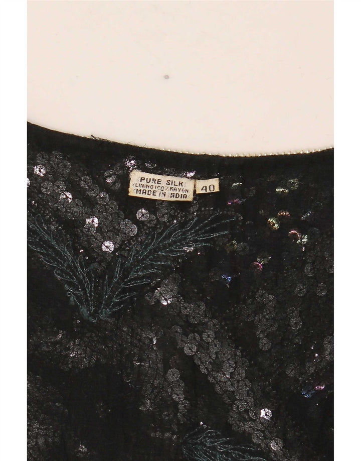 Vintage mujer crop gráfico blusa Top EU 40 Seda de rayas negras medianas