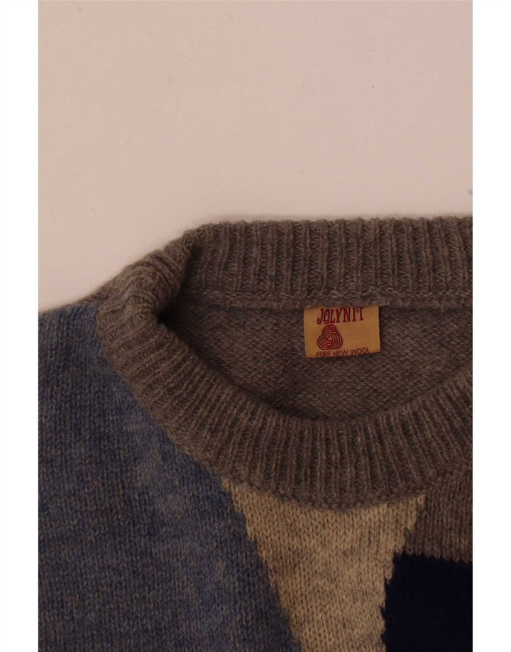 Vintage hombres cuello redondo jersey suéter medio gris colorblock lana nueva