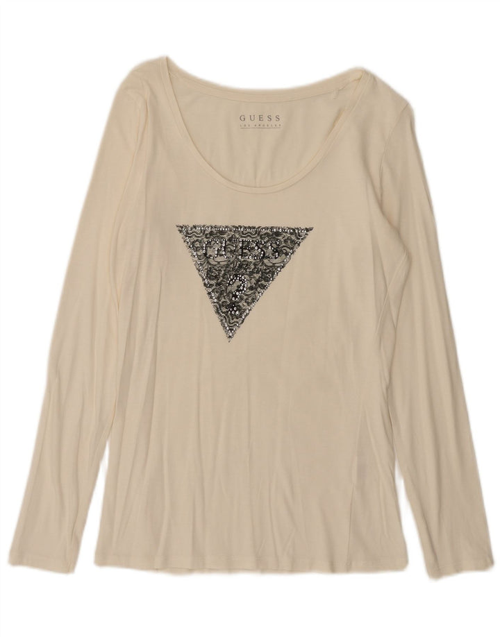 Guess Top gráfico para mujer de manga larga UK 12 Medium Off White