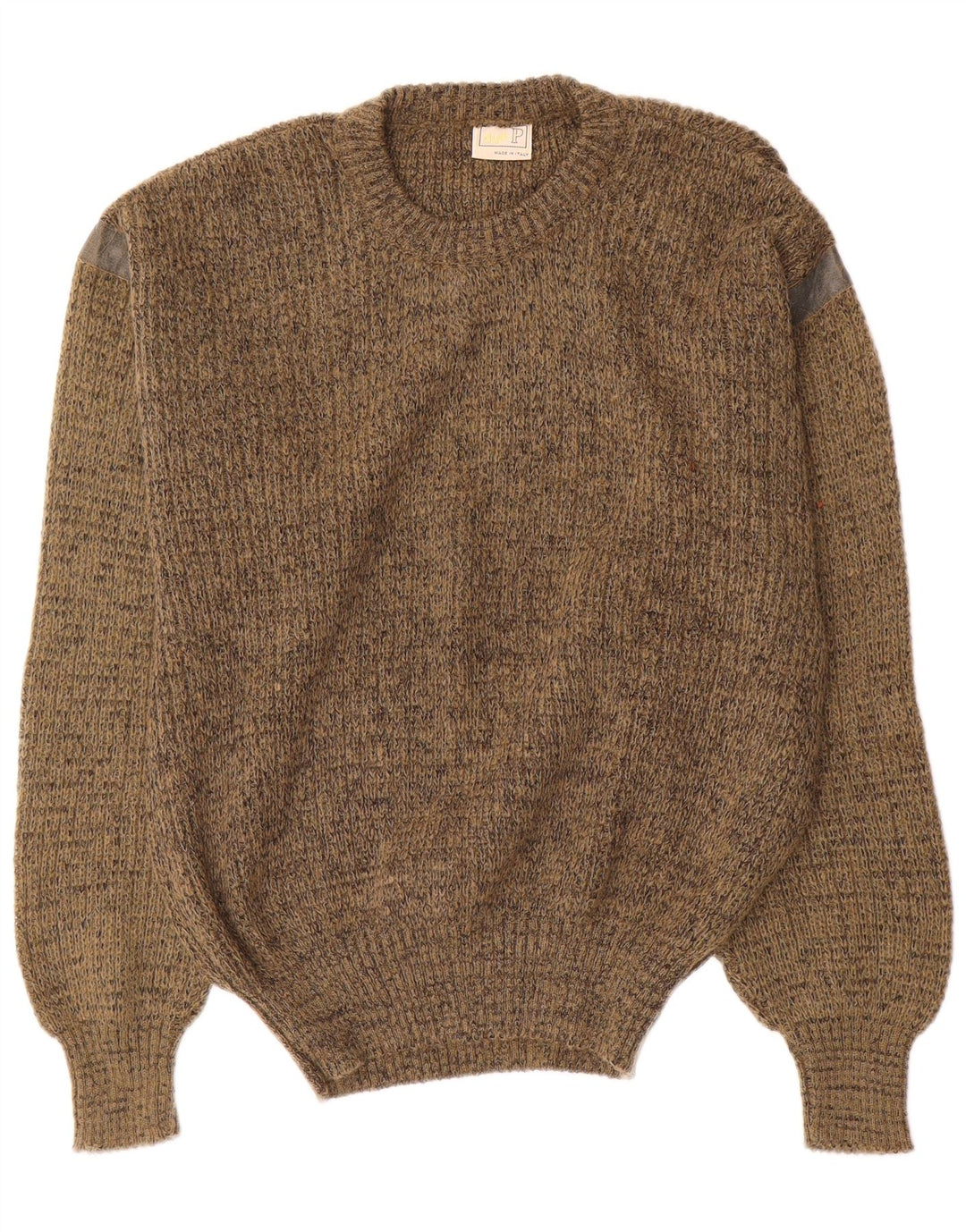 Vintage hombres cuello redondo jersey suéter medio caqui moteado