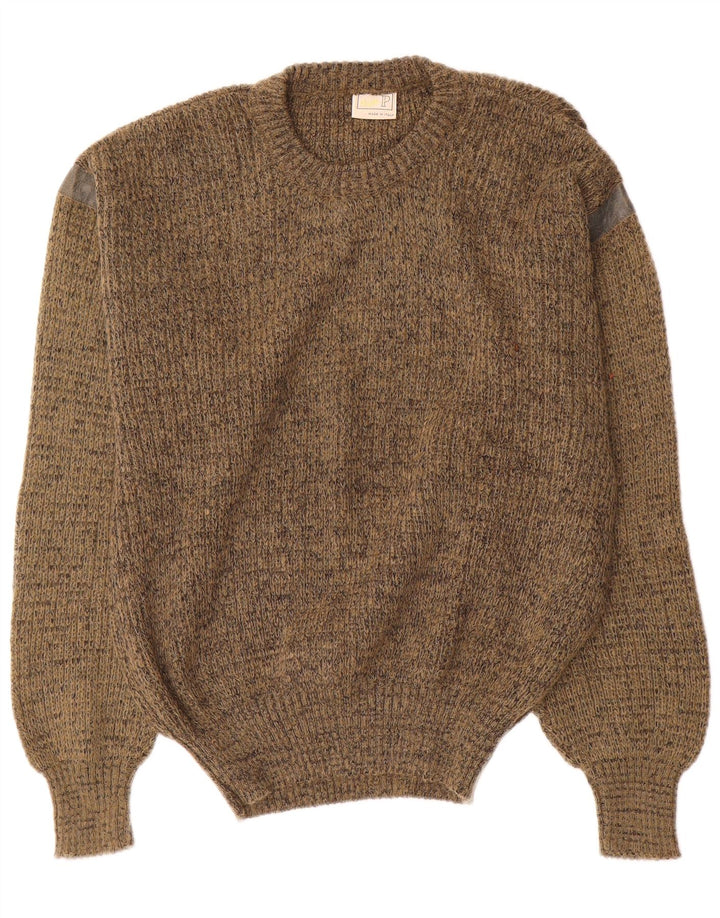 Vintage hombres cuello redondo jersey suéter medio caqui moteado