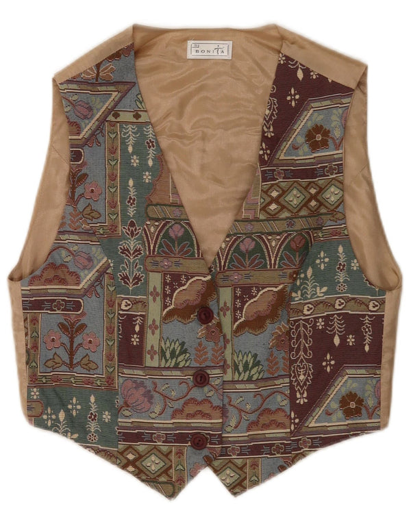 Bonita Chaleco Corto para Mujer UK 40 Pequeño Marrón Floral Poliéster Novedad