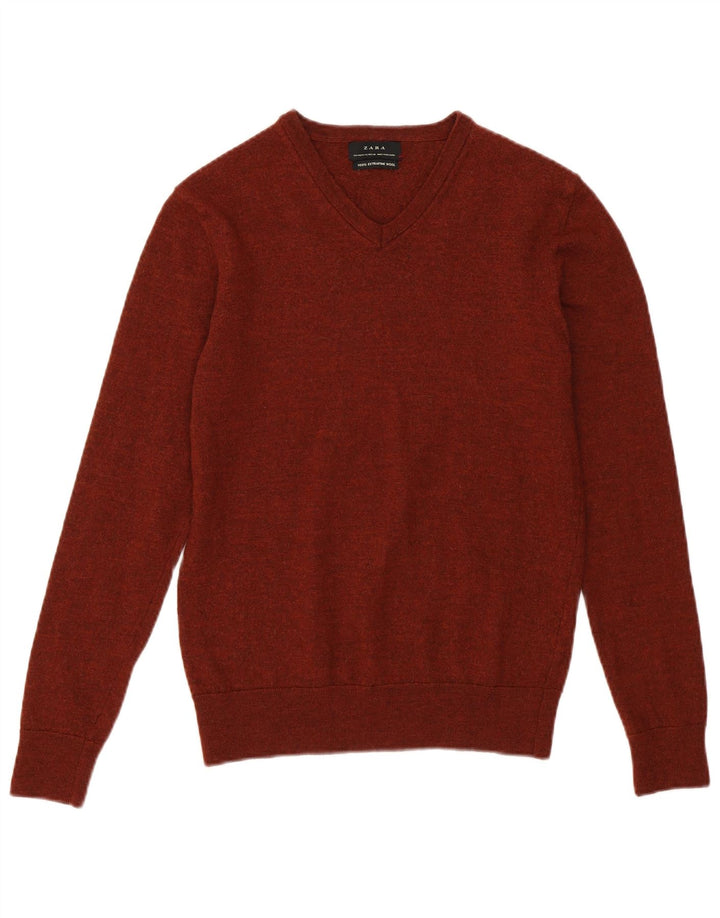 ZARA Jersey corto con cuello en V para mujer UK 40 Lana marrón medio