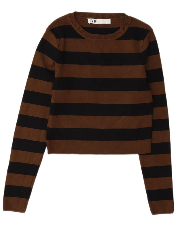 Zara Mujer Crop Blusa Top UK 44 Grande Marrón Rayas