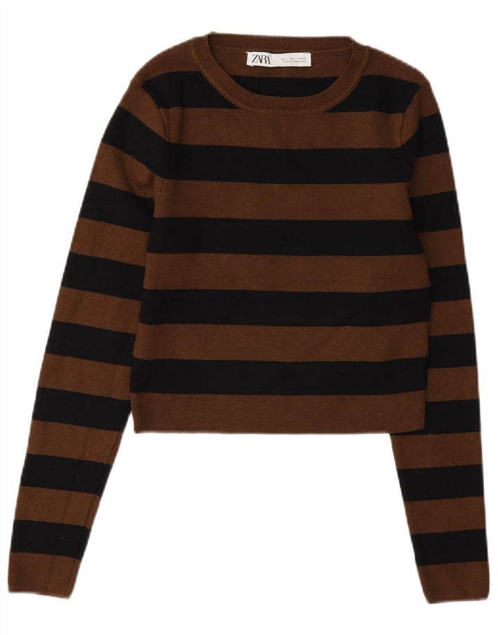 Zara Mujer Crop Blusa Top UK 44 Grande Marrón Rayas