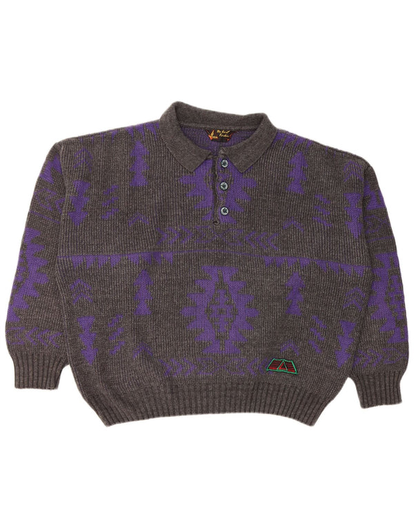 Vintage hombres polo cuello jersey suéter XL gris geométrico