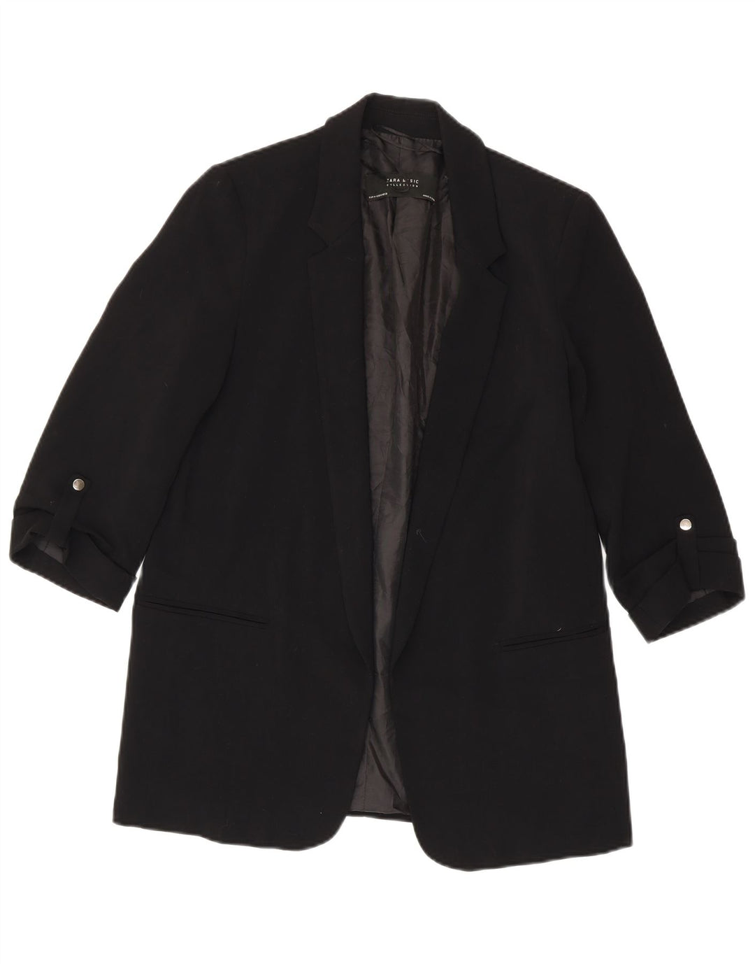 Zara Chaqueta Blazer Abierta De Manga 3/4 para Mujer UK 44 Poliéster Negro Mediano