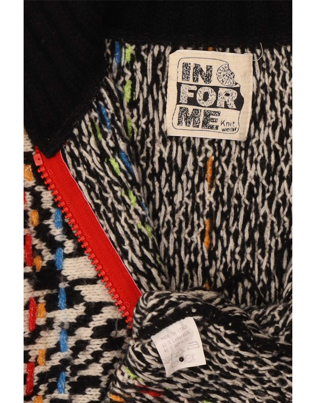 Vintage mujeres patrón abstracto completo zip cardigan suéter Reino Unido 16 grande negro