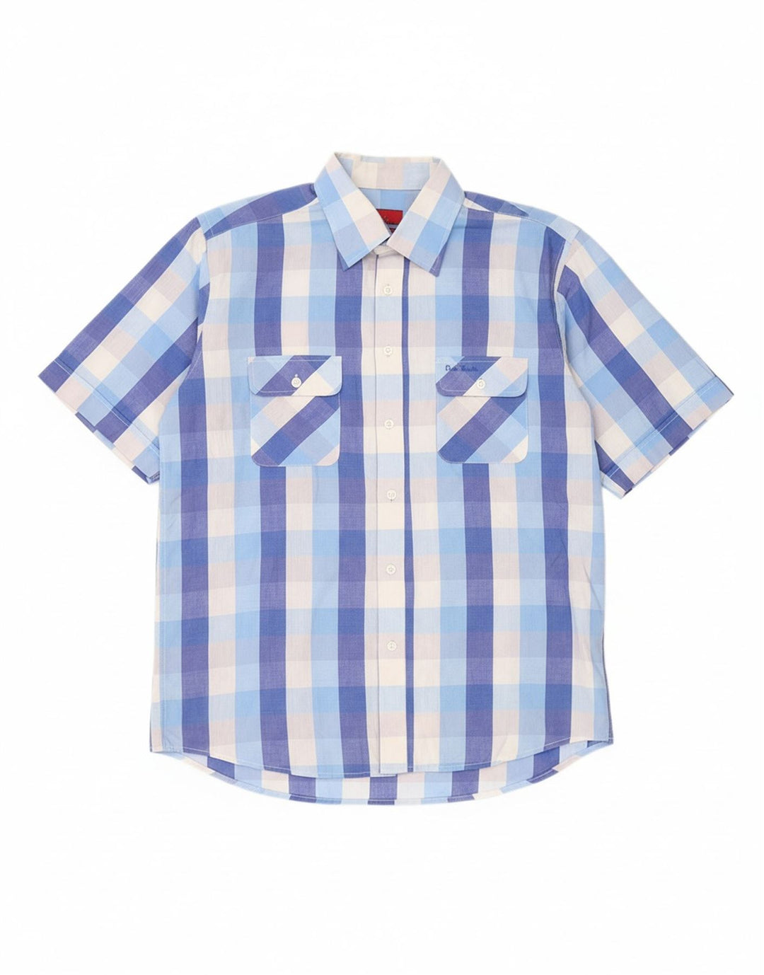 PIERRE CARDIN Mens Short Sleeve Shirt Large Blue Plaid Polyester