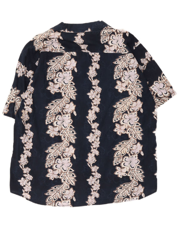 Vintage hombres camisa de manga corta grande azul marino floral algodón