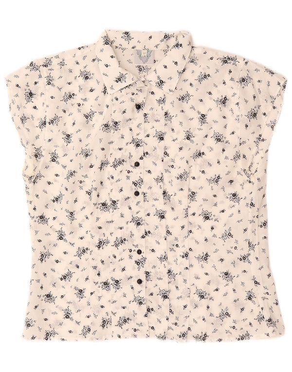 Vintage mujer camisa de manga corta blusa Reino Unido 14 medio blanco floral