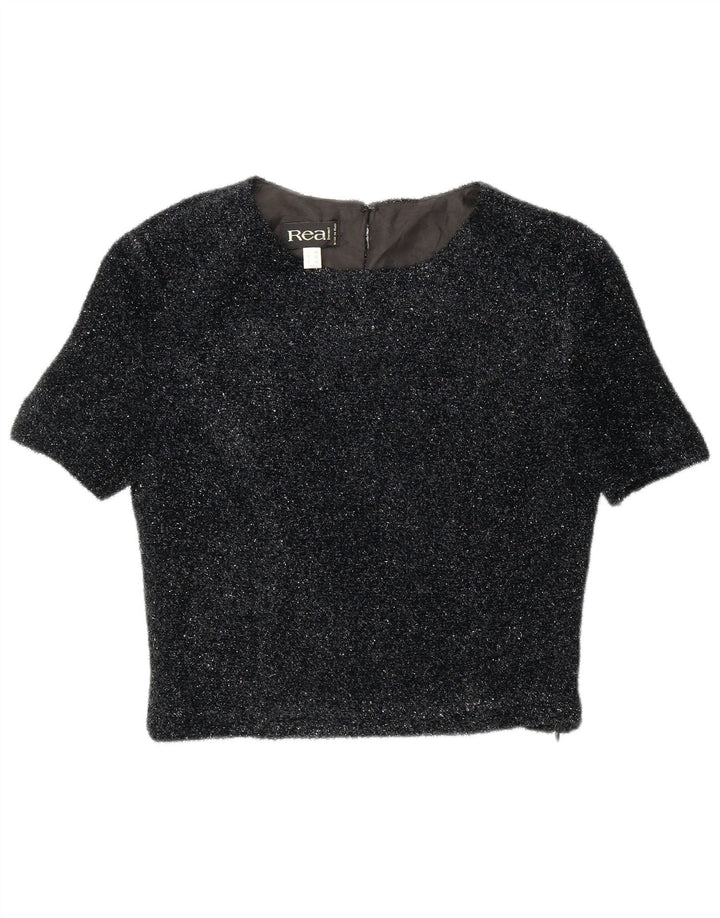 Vintage mujer crop blusa top EU 42 poliéster moteado negro grande