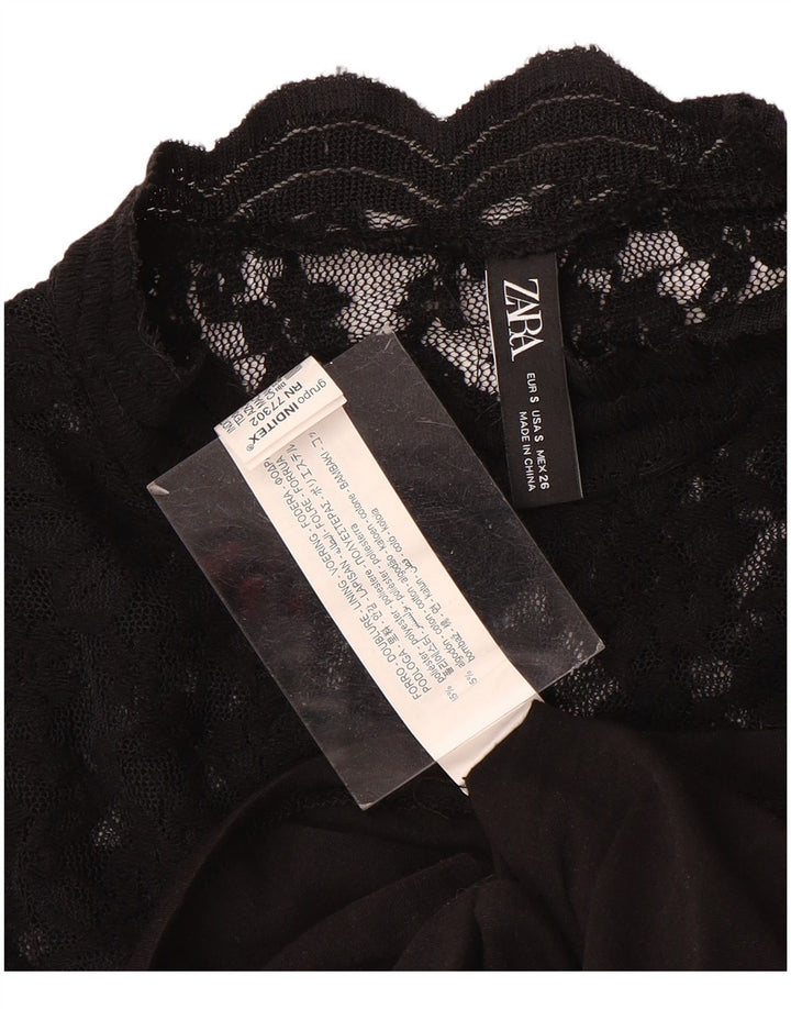 Zara Mujer Blusa De Encaje Top UK 8 Pequeño Poliéster Floral Negro