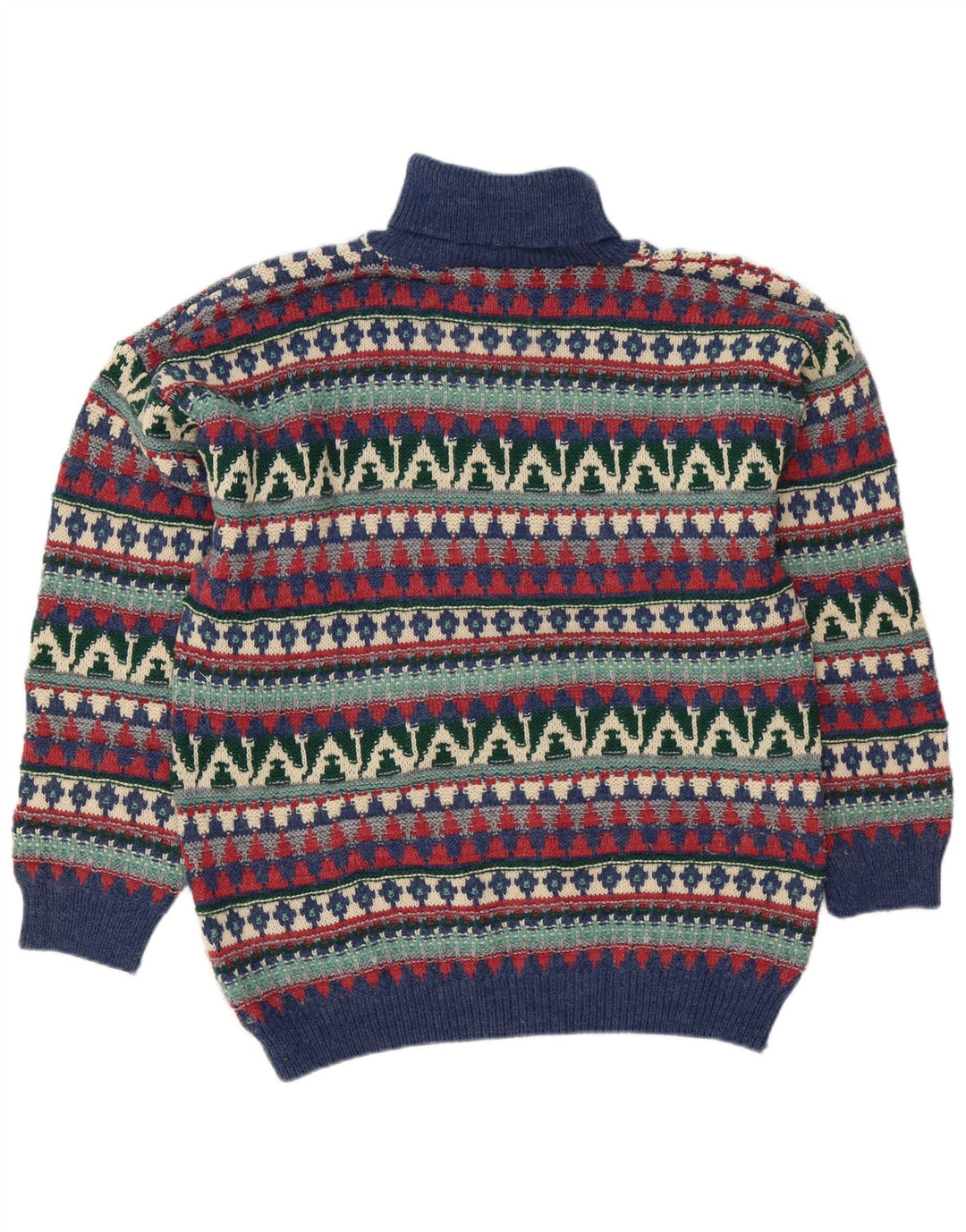Vintage hombres rollo cuello jersey suéter grande multicolor Fair Isle lana