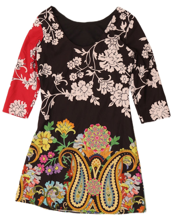 Desigual Vestido acampanado de manga 3/4 para mujer EU 36 Poliéster floral negro pequeño