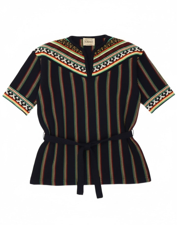 Vintage mujer V-cuello jumper suéter Reino Unido 12 medio azul marino rayas retro