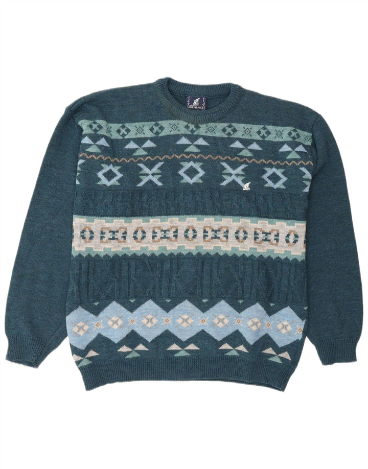 Polo Norte Jersey de cuello redondo para hombre XL Lana azul Fair Isle