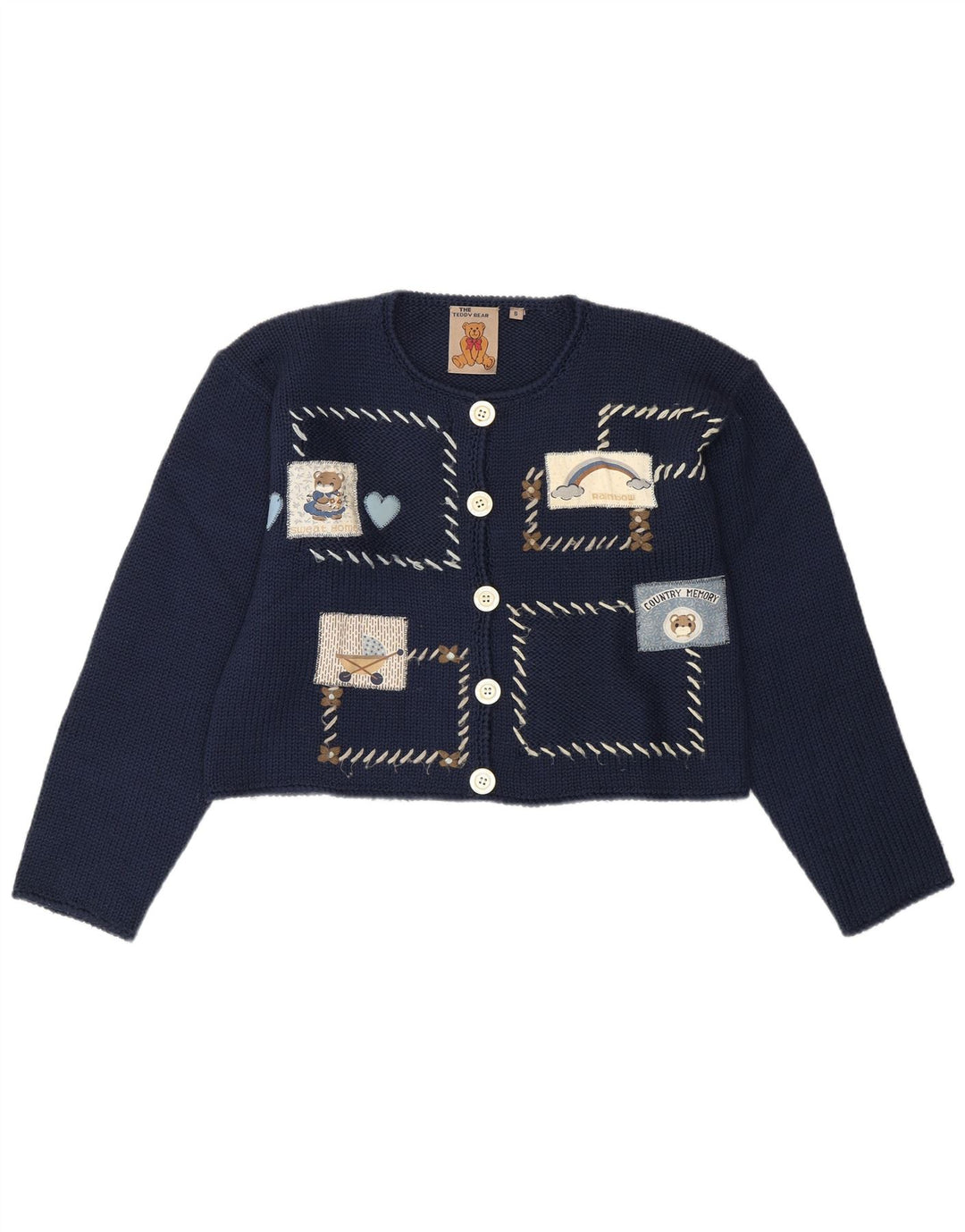 VINTAGE Mujer Teddy Bear Cardigan Suéter Reino Unido 10 Pequeño Patchwork Azul Marino