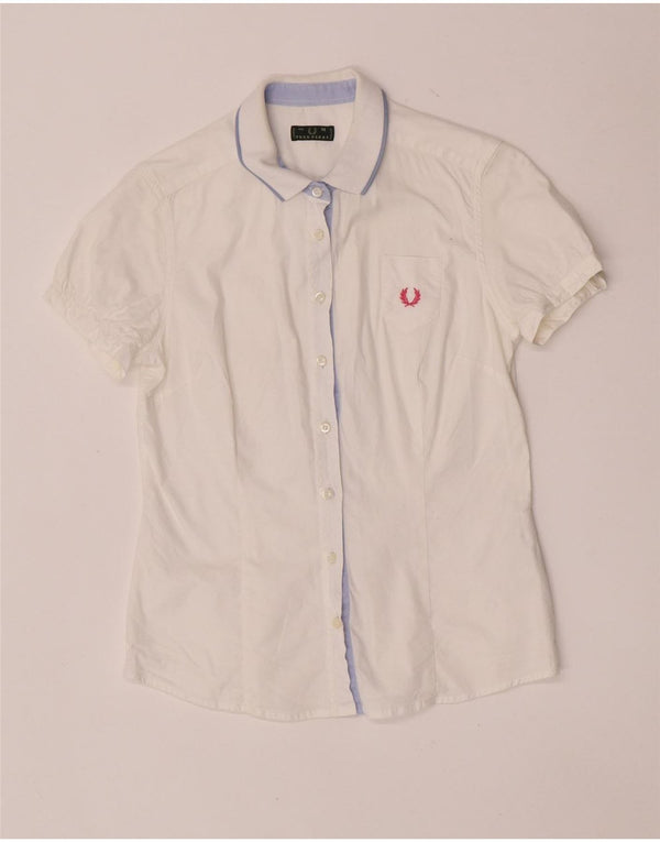 Fred Perry Camisa De Corte Regular De Manga Corta Para Mujer UK 42 Algodón Blanco Mediano