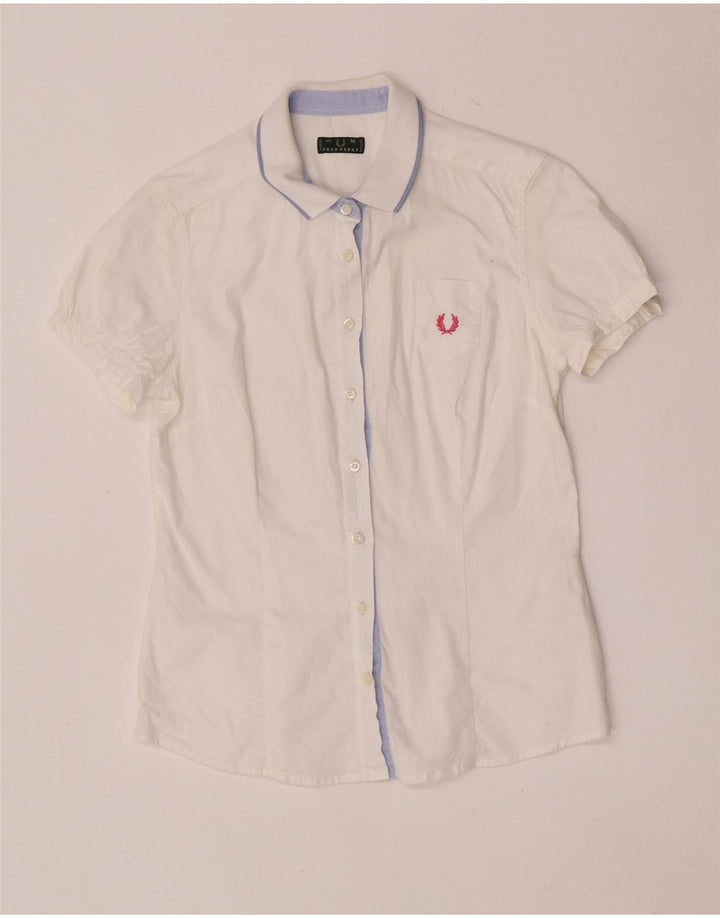 Fred Perry Camisa De Corte Regular De Manga Corta Para Mujer UK 42 Algodón Blanco Mediano