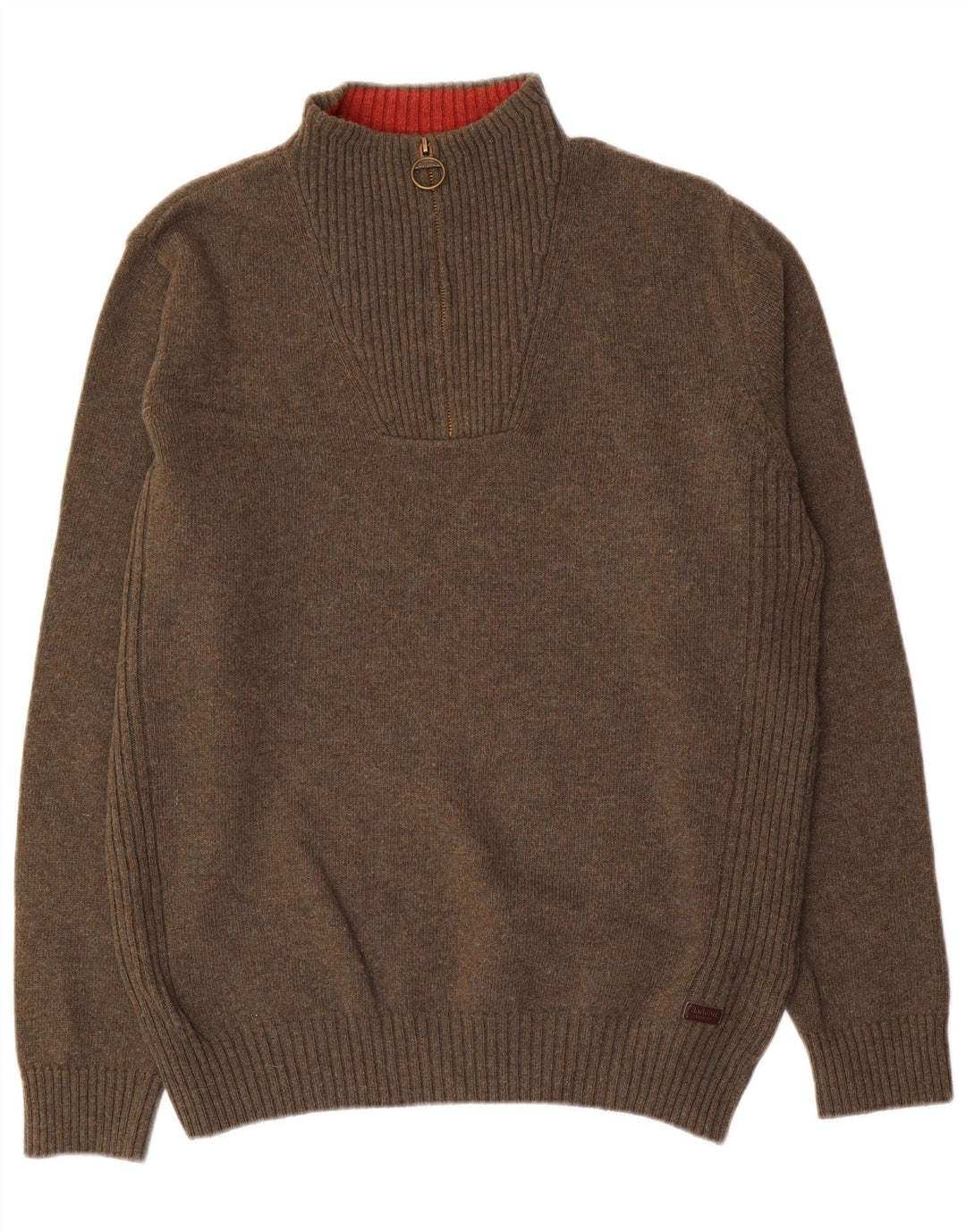Barbour Hombre Cremallera Cuello Jersey Suéter Grande Caqui Lana