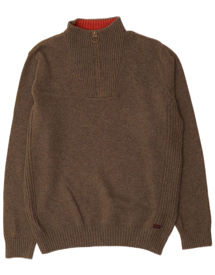 Barbour Hombre Cremallera Cuello Jersey Suéter Grande Caqui Lana