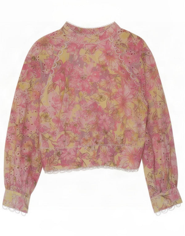 Vintage mujer manga larga blusa Top Reino Unido 12 medio multicolor floral