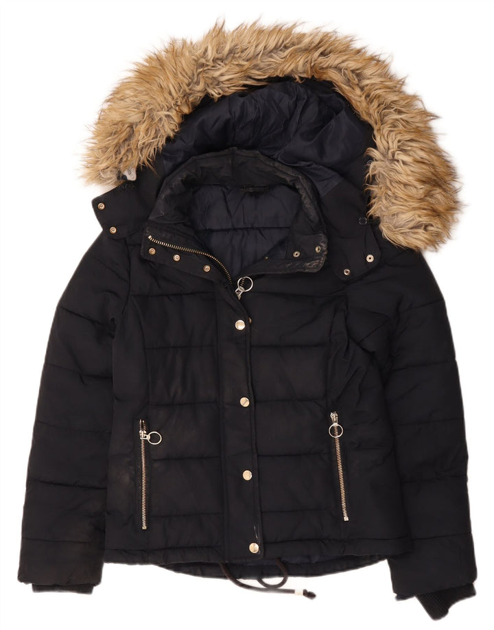 Topshop Chaqueta acolchada con capucha para mujer UK 8 Small Poliéster azul marino
