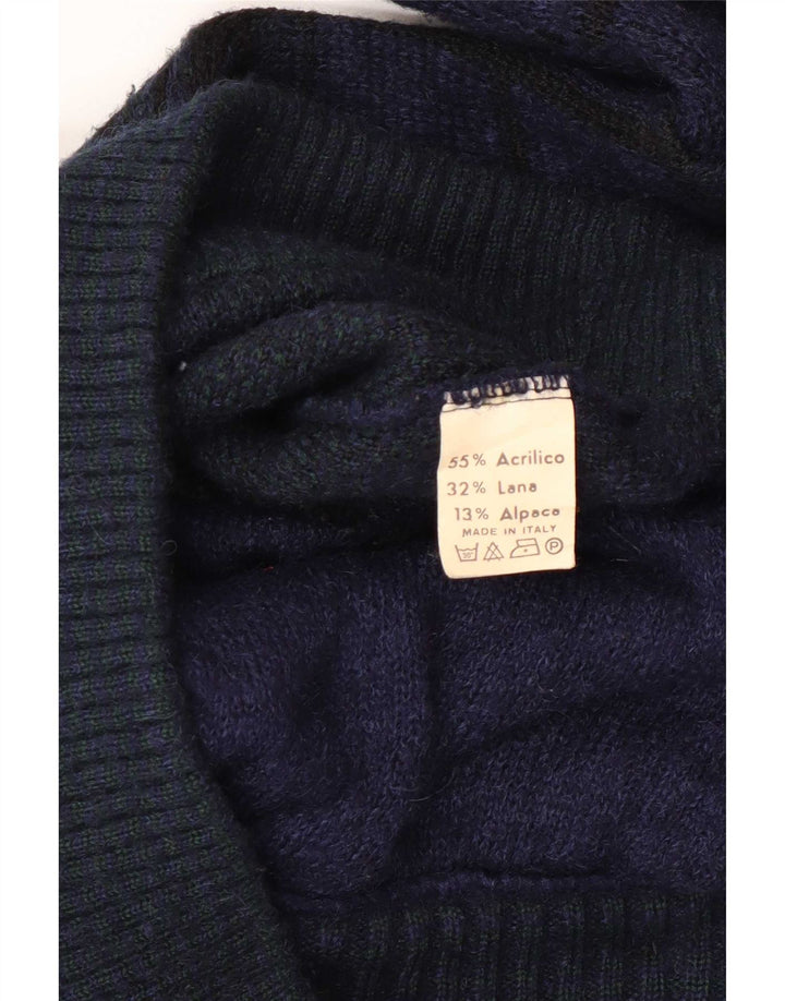 Vintage hombres Cardigan suéter medio azul marino comprobar poliacrílico