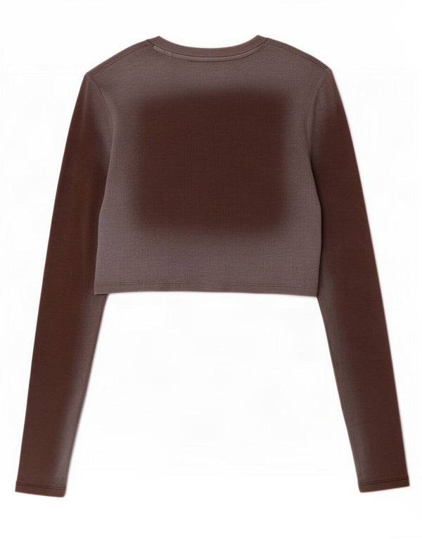 Zara Mujer Crop Top Manga Larga UK 42 Marrón Medio Algodón Colorblock