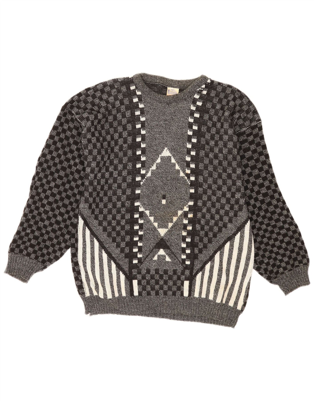 Vintage hombres barco cuello jumper suéter medio gris geométrico acrílico