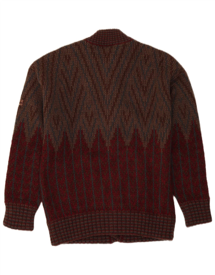 Vintage hombres Cardigan suéter medio borgoña geométrico
