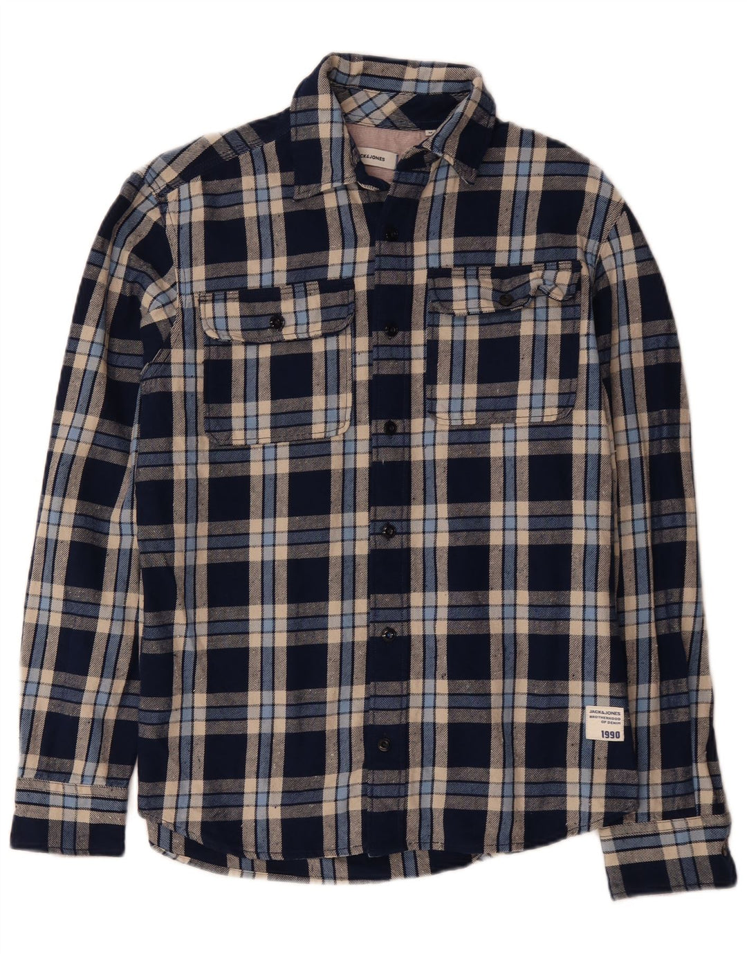 JACK & JONES Hombre Camisa De Franela Medium Azul Marino Cuadros Algodón
