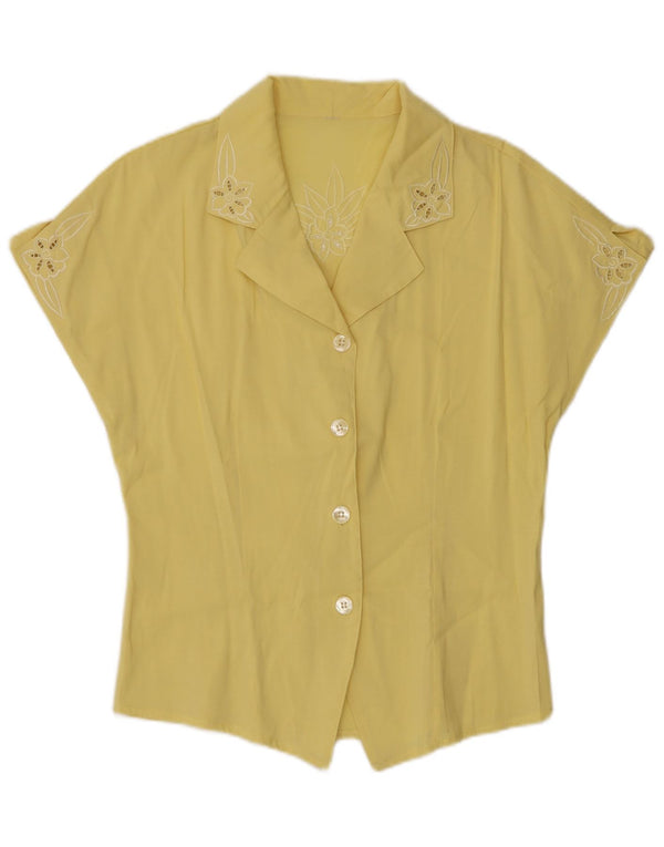 Vintage mujer gráfica manga corta camisa blusa Reino Unido 12 medio amarillo floral