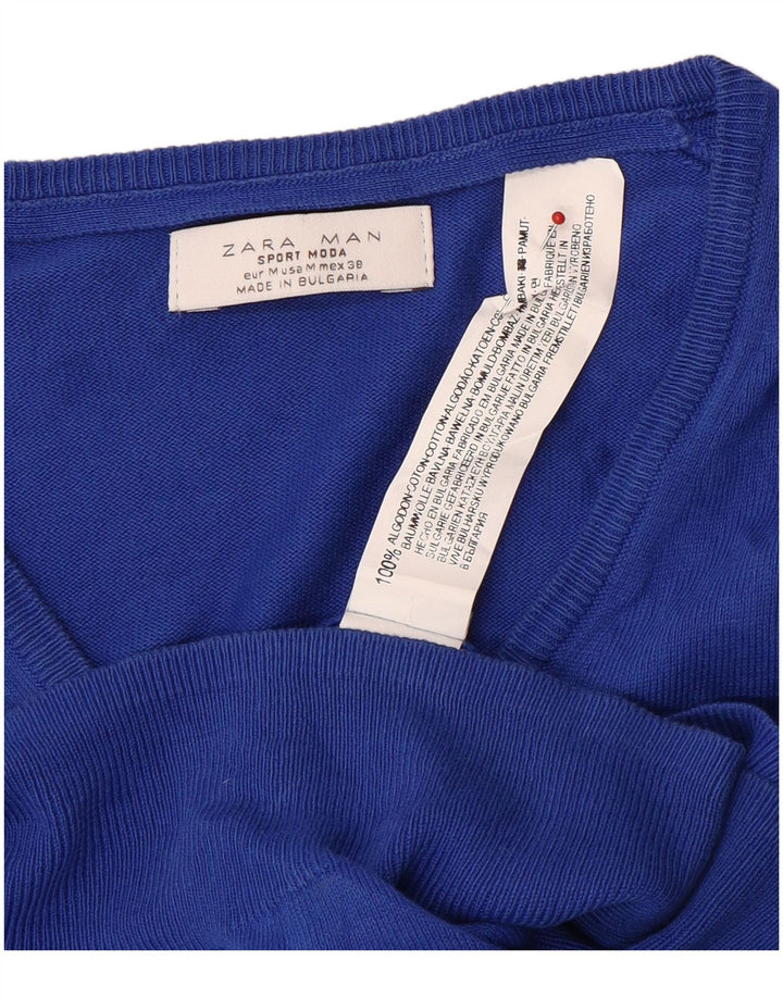 Zara Mens V-Neck Jumper Sweater Medium Blue Cotton