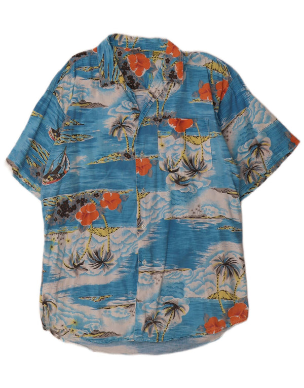 Vintage hombres camisa de manga corta azul medio floral algodón hawaiano