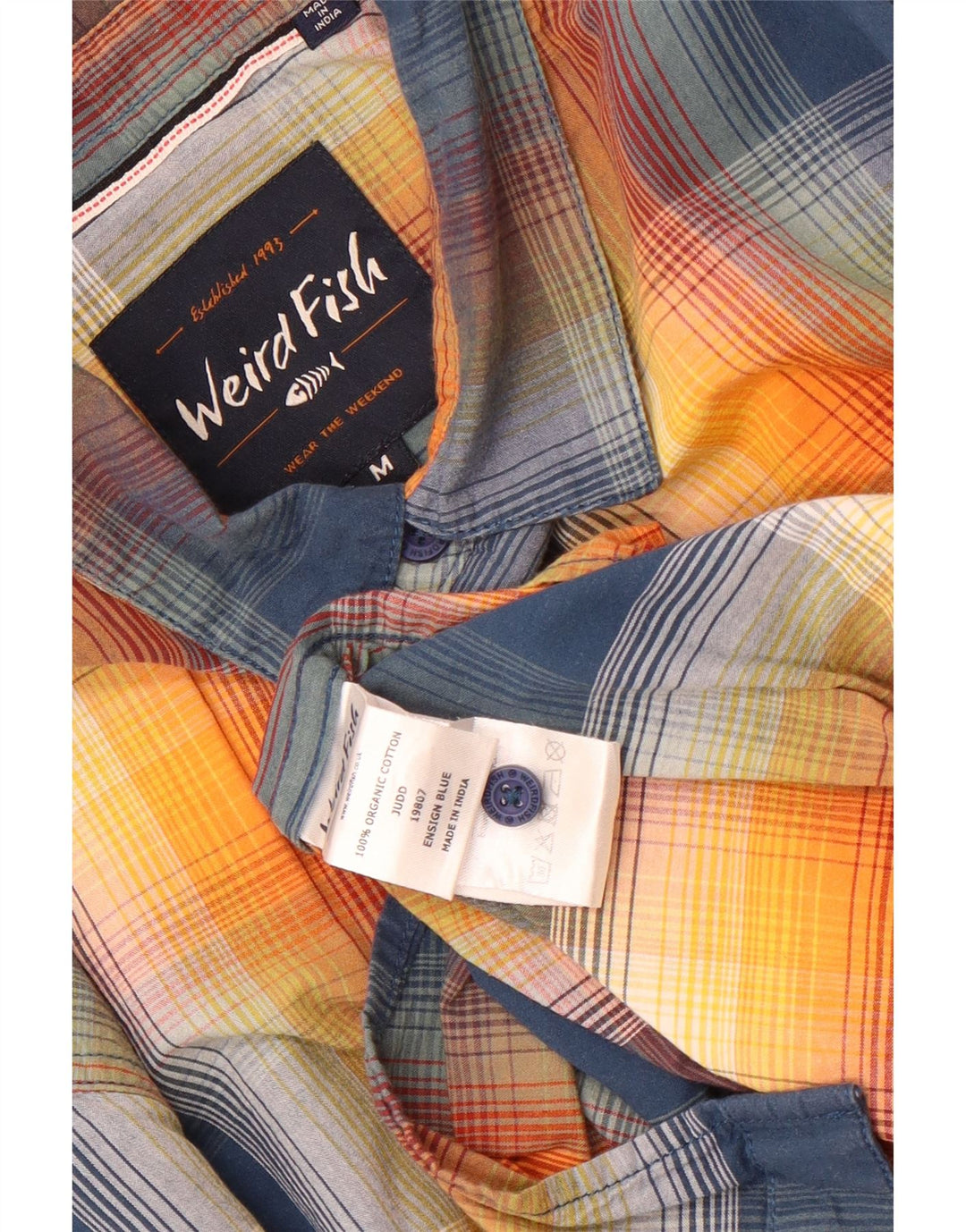 Weird Fish Camisa de manga corta para hombre de algodón a cuadros azul medio