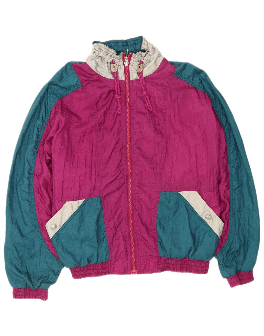 Vintage mujer oversize chándal top chaqueta pequeña rosa colorblock nylon