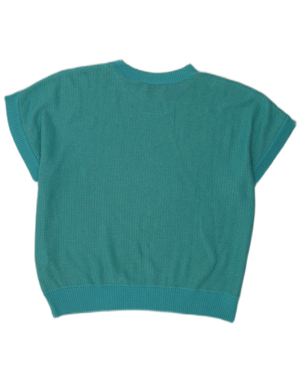 Vintage mujer manga corta blusa de punto Top IT 46 Grande Turquesa Geométrica