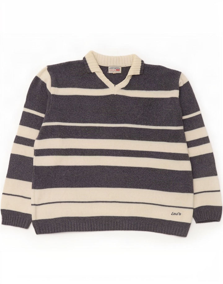 Levi's Hombre Polo Neck Jumper Sweater Grande Gris Rayas Algodón