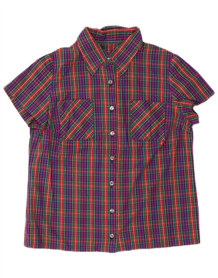 Vintage mujer camisa de manga corta Reino Unido 14 cheque multicolor medio