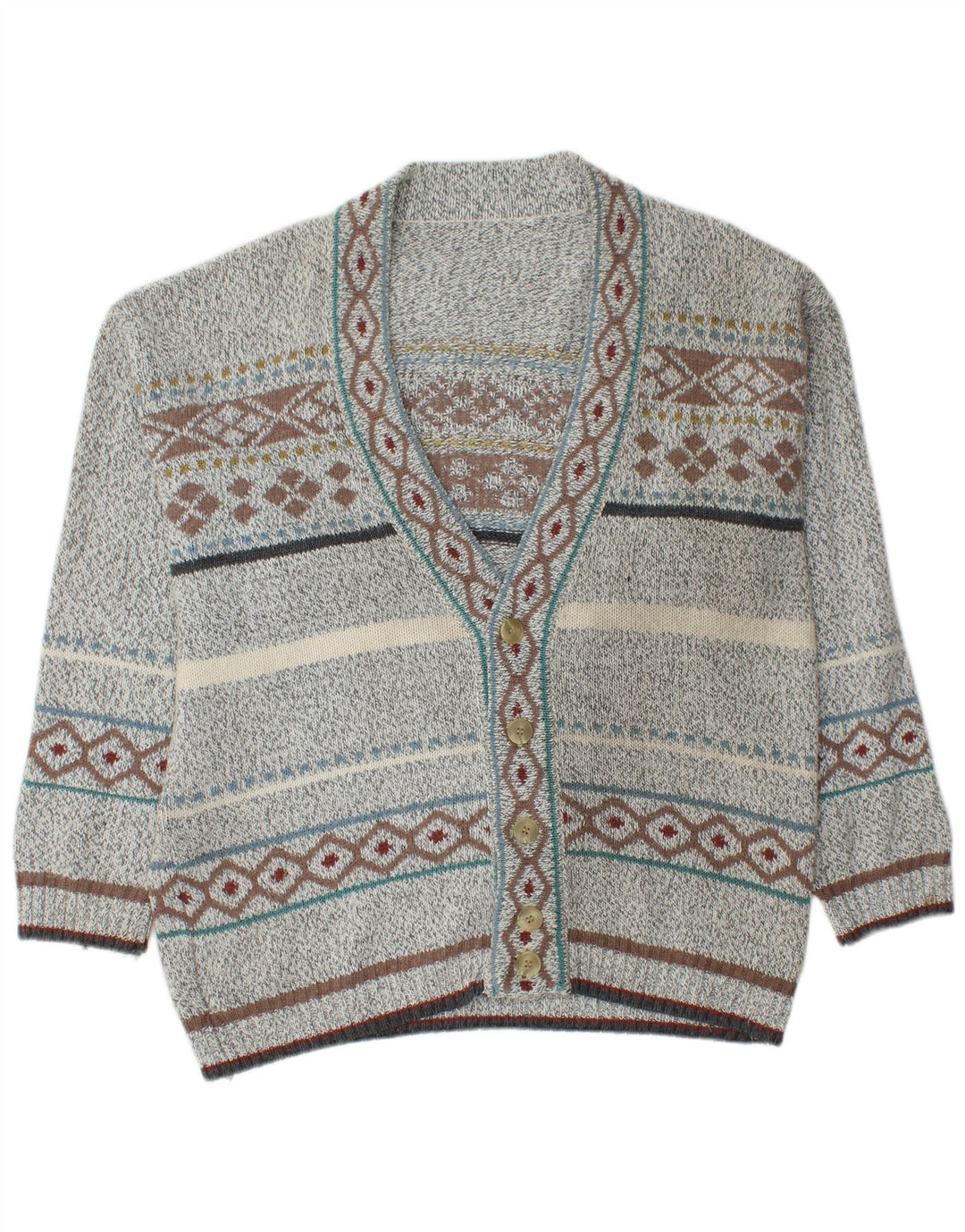 VINTAGE Hombres Cardigan Suéter Medio Gris Fair Isle